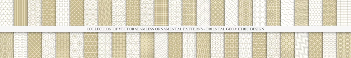 Fotobehang Collection of seamless geometric ornamental vector patterns. Grid oriental backgrounds. Vintage white and beige design © ExpressVectors