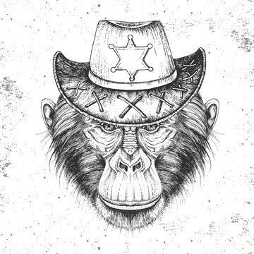 Retro Hipster animal monkey with sheriff's hat. Hand drawing Muzzle of animal chimpanzee