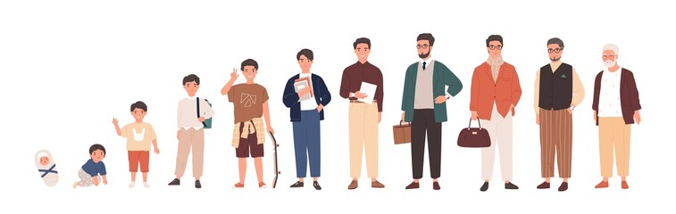 Man life cycle flat vector illustration. Male person aging stages, guy growth phases set. Boy growing up from little child to oldster cartoon character. Infancy, childhood, adulthood and senility.