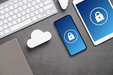 Cloud technology icon for global business concept on a desk from top view