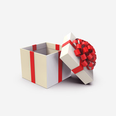 Open gift box with red ribbon bow isolated on white background with shadow. 3D rendering