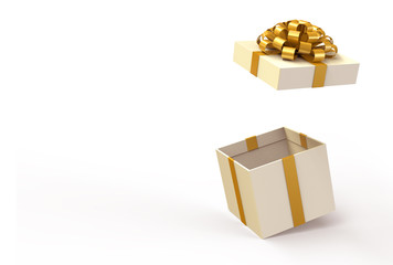 Open gift box with gold ribbon bow isolated on white background. 3d rendering