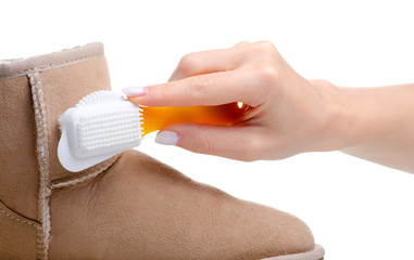 Shoe brush for cleaning suede leather shoes on white background isolation