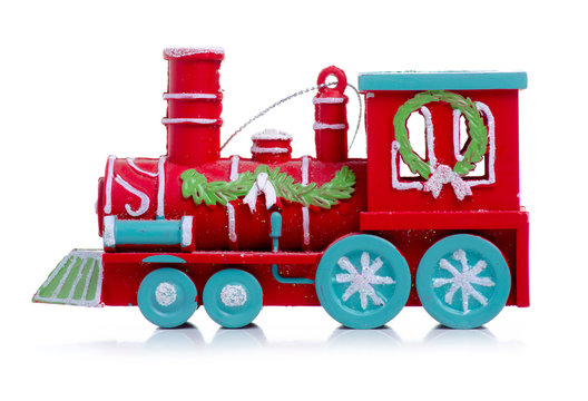 Christmas Tree Toy Train On White Background Isolation