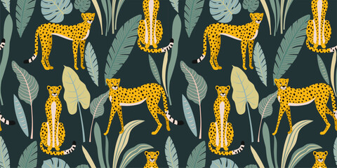 Leopard pattern with tropical leaves. Vector seamless texture. - obrazy, fototapety, plakaty