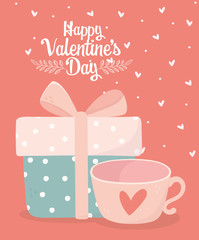 Obraz na płótnie Canvas happy valentines day wrapped gift box and coffee cup love card