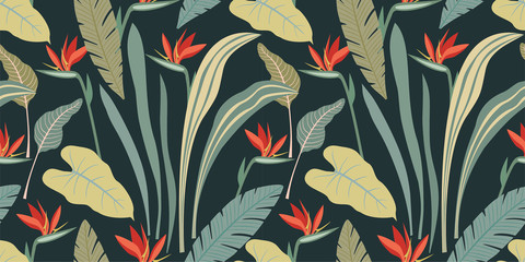 Abstract seamless pattern with tropical plants and flowers. Modern exotic design for paper, cover, fabric, interior decor and other users.
