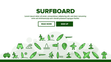 Surfboard Landing Web Page Header Banner Template Vector. Human Silhouette On Surfboard And Wave, Swimming Suit And Van, Gps Mark And Shorts Concept Linear Pictograms. Illustration