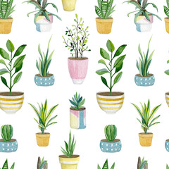 Warecolor seamless pattern with plants in pots. House plants collection for wrapping paper, wallpaper decor, textile fabric and background.