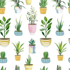 Tapeten Warecolor nahtloses Muster mit Pflanzen in Töpfen. Hauspflanzensammlung für Packpapier, Tapetendekor, Textilgewebe und Hintergrund. © Anna