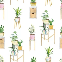 Tapeten Warecolor nahtloses Muster mit Pflanzen in Töpfen. Innenhauspflanzensammlung für Packpapier, Tapetendekor, Textilgewebe und Hintergrund. © Anna