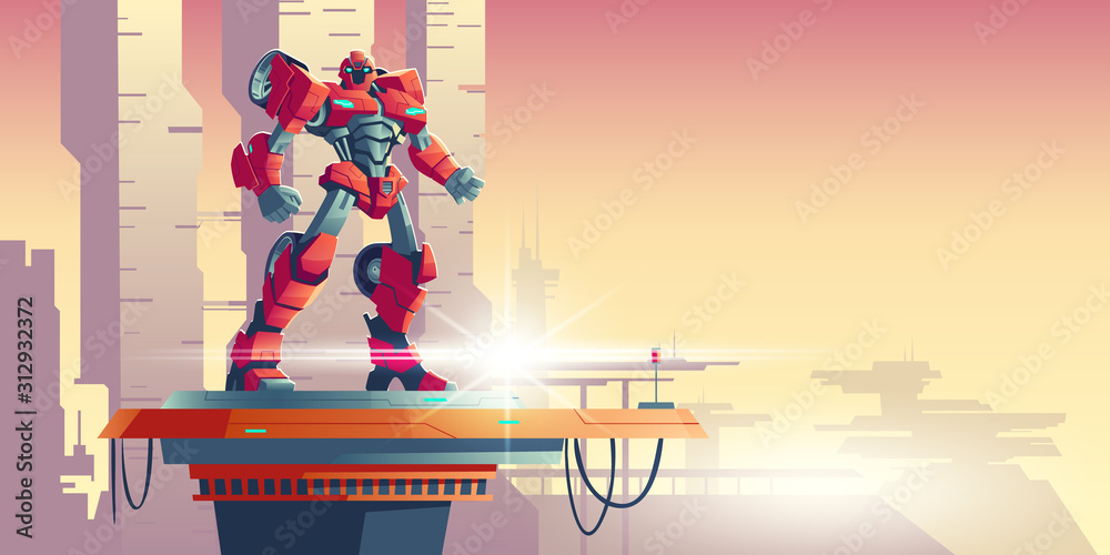 Wall mural Red robot transformer standing on spaceship top against futuristic colonial background, cartoon vector illustration. Powerful robot transformed from car, alien invader, fantasy cyborg soldier