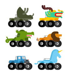 Monster Truck animal set. Cartoon car beast on big wheels. vector illustration