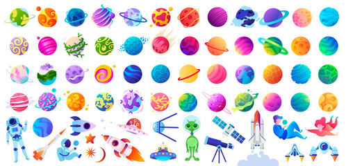 Big set of isolated space objects. Planets, UFOs, astronauts and rockets. Vector children's illustration. - 312932510