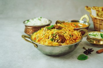 Indian meal / Restaurant menu concept - Mutton biryani, butter chicken, Roti