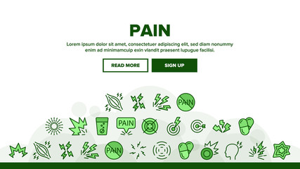 Pain Medical Landing Web Page Header Banner Template Vector. Medicine Pills And Medicament In Water Glass, Muscle Pain And Target Illustration