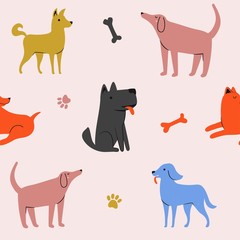 Vector seamless pattern with cute cartoon style dogs, bones and paws. Domestic animal print design, pet lover background