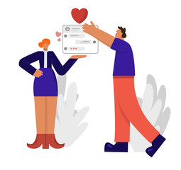 Female dating consultant showing woman profile at meeting website to excited man big limbs style. Enamored male holding heart finding love at social networks vector illustration isolated on white