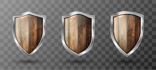 Wooden shield with metal frame realistic vector illustration. Blank vintage brown wooden panel with reflection glow, award trophy or certificate template, front view isolated on transparent background