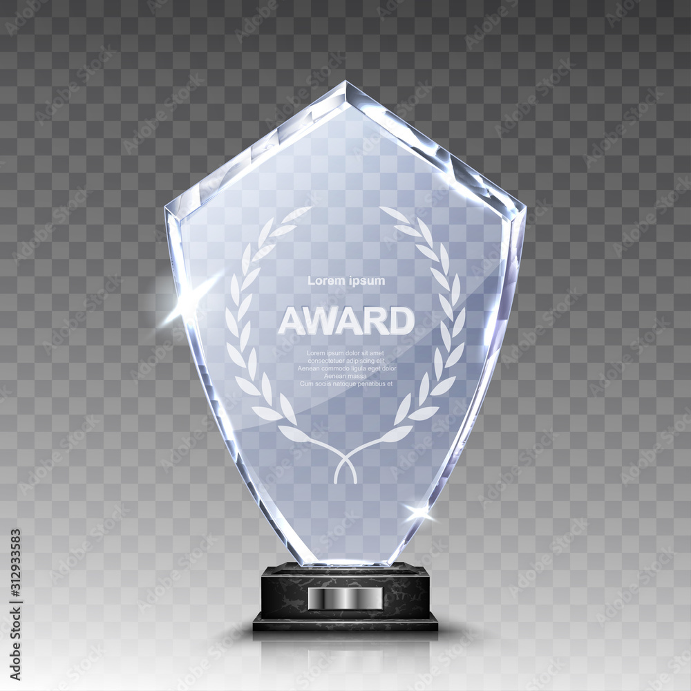 Wall mural glass award trophy or winner prize realistic vector illustration. transparent crystal plate or acryl