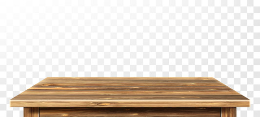 Wooden table top with aged surface, realistic vector illustration. Vintage dining table made of darkened wood, realistic plank texture. Empty desk top isolated on white wall.