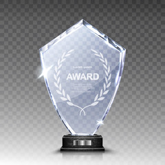 Glass award trophy or winner prize realistic vector illustration. Transparent crystal plate or acrylic diamond frame with laurel wreath on wooden pedestal, isolared front view with light and shadow - obrazy, fototapety, plakaty