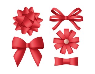 Collection of decorative red bows. Gift box wrapping and holiday decoration