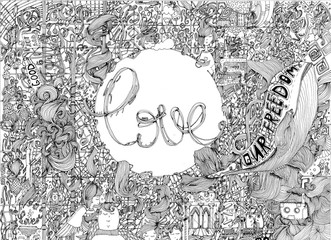 doodle black and white doodle abstract illustration with the love in the circle centre