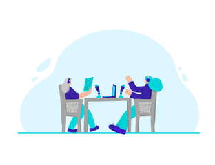 Podcast vector concept. Girl with audio stuff.