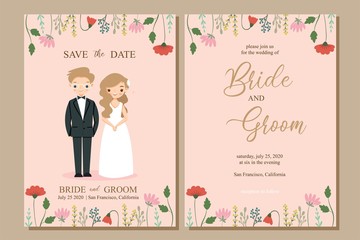 cute bride and groom with flower wedding invitation card template