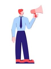 Cartoon male in suit brand ambassador talking using megaphone isolated on white. Influencer marketing business person and representative vector flat illustration big limbs style