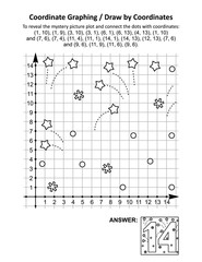 Coordinate graphing, or draw by coordinates, math worksheet with St Valentine's Day number fourteen: To reveal the mystery picture plot and connect the dots with given coordinates. Answer included.