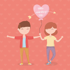 happy valentines day couple with balloon pierced arrow heart card