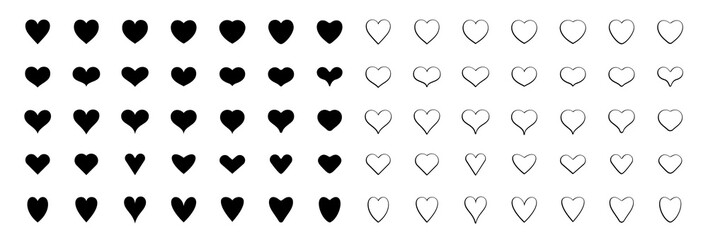 Vector set of hearts. Abstract symbols of love and health. Different icons with a narrow, pointed and rounded shapes. Flat symmetrical elements for wedding designs and   celebration of Valentine's Day