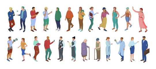 Fototapeta na wymiar Collection of different cartoon character people isolated on white. Crowd of male and female performing various ages lifestyle and profession trendy isometric vector illustration