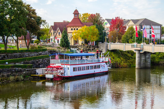 Frankenmuth, Michigan, USA - October 9, 2018: Frankenmuth cityscape with the Bavarian Belle Riverboat.