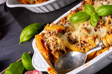 noodle , minced meat casserole with cheese