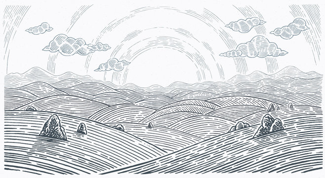 Hilly sunside landscape with mountains in graphical style. 