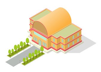 isometric building with road and trees