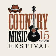 Vector poster for country music festival with brown cowboy hat and electric guitar, on a light background in retro style. Suitable for for emblem, t-shirt design, flyer, invitation, cover