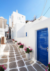 The White and Blue Buildings and Narrow Alleyways of Mykonos, Greece
