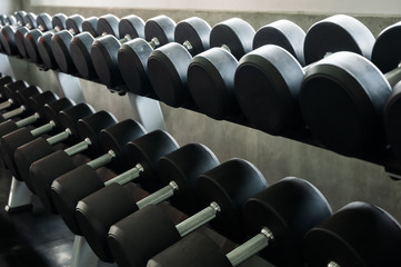 Naklejka na ściany i meble Rows of dumbbells in the gym background for banner presentation. Themes about exercise for good health.