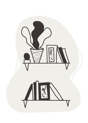 Shelf with books, plants, picture. Vector design.