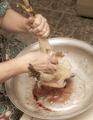 A woman plucks feathers from a chicken
