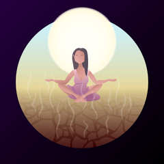 Cartoon character meditating in hot desert under the huge burning sun. Vector gradient art