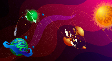 Obraz premium A colorful illustration of another solar system on which a rocket travels from planet to planet from a distant galaxy in a cartoon style.