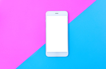 Flat lay white smartphone put on Pastel color background