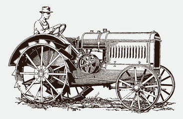 Fototapeta na wymiar Farmer driving antique tractor in side view. Illustration after an engraving from the early 20th century
