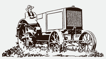 Fototapeta na wymiar Farmer driving a historical tractor in his field. Illustration after an engraving from the early 20th century
