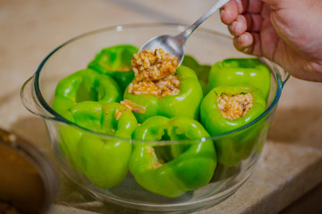 Traditional bulgarian dish of green peppers stuffed with rice and mince.